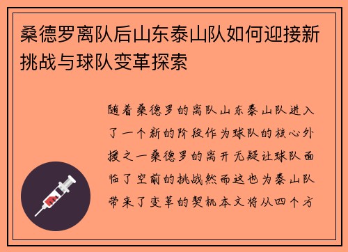 桑德罗离队后山东泰山队如何迎接新挑战与球队变革探索 桑德罗离队后山东泰山队如何迎接新挑战与球队变革探索