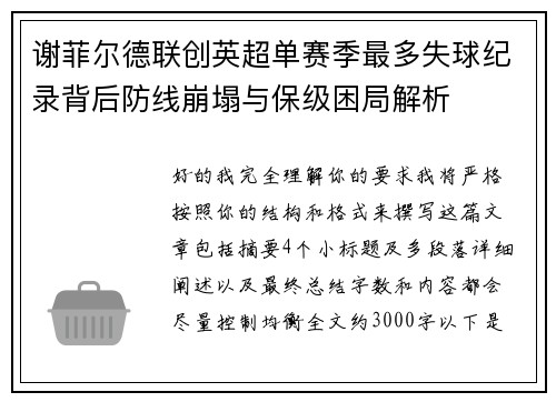 谢菲尔德联创英超单赛季最多失球纪录背后防线崩塌与保级困局解析 谢菲尔德联创英超单赛季最多失球纪录背后防线崩塌与保级困局解析