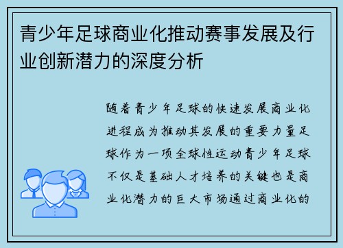 青少年足球商业化推动赛事发展及行业创新潜力的深度分析 青少年足球商业化推动赛事发展及行业创新潜力的深度分析