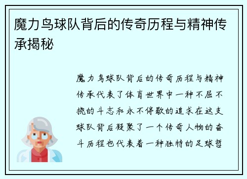魔力鸟球队背后的传奇历程与精神传承揭秘